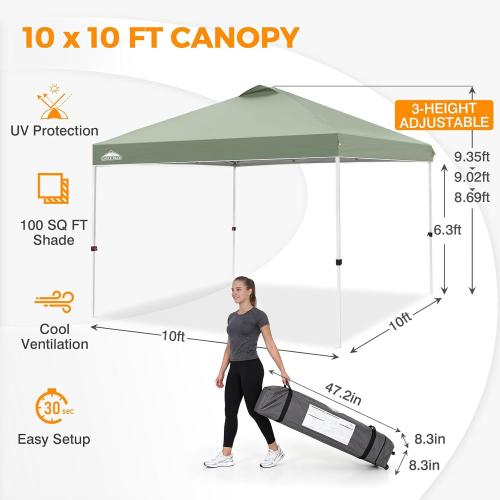 EAGLE PEAK 10x10 Pop Up Canopy Tent Easy Up Canopy Outdoor, Sage Green | Patented PeakPush™ Center Lock, 1 Person Setup Portable Pop Up Tent, Beach, Markets, Camping Sport Events, Wheeled Carry Bag