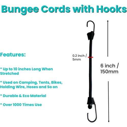 10 Pcs 6 inch Mini Bungee Cords with Hooks, Short Black, 4mm Thickness Weather Resistant Tie Down Strap, Use for Camping, Tents, Holding Wire and Hoses