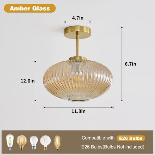 Amber Ribbed Glass Ceiling Light: 11.8 Vintage Semi Flush Mount Ceiling Lights - Mid Century Modern Brass Light Fixture - Minimalist Drum Decorative Lighting Fixtures for Bedroom Living Room Entryway