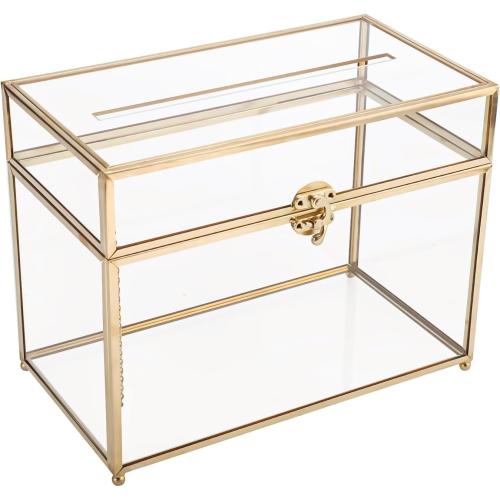 HighFree Glass Card Box, Large Clear Card Box for Wedding Receptions, Decorative Storage Box for Baby Shower, Birthday Party, Bridal Shower (With Slot, Gold)