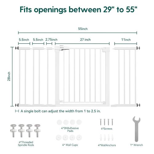 BABELIO 29-55 Inch Extra Wide Baby/Dog Gate, PressGuard P7, Metal Auto Close, Pressure Mounted Pet Door for Doorways, NO Need Tools and Drilling, with Wall Cups, White