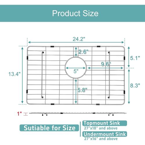 Size 25x14 Stainless Kitchen Sink Protector - S304 Sink Grids for Bottom of Kitchen Sink, 25 x 14 with Rear Drain for Single Bowl Kitchen Sink with Corner Radius