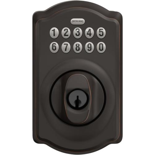 Schlage BE365 V CAM 716 Camelot Keypad Deadbolt, Electronic Keyless Entry Lock, Aged Bronze