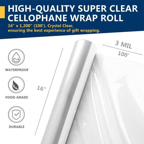 PerkHomy Clear Cellophane Wrap Roll 16 x 100' 3 Mil Thick Cellophane For Gift Basket Treats Goodie Wrapping Craft Flower Bouquet Plastic (Clear, 100ft (16in Width))