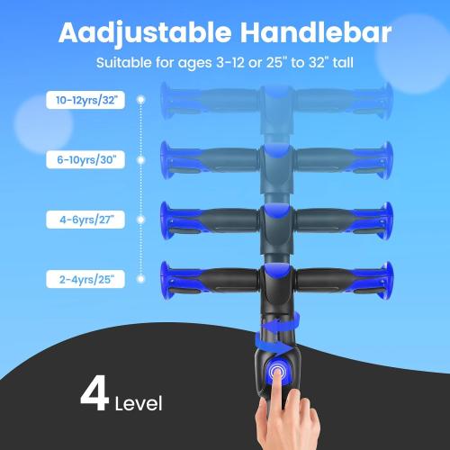 Blue and Black TONBUX Kids Scooter for Age 3-12, Toddler Scooter with 4 Adjustable Heights, Light Up 3-Wheels Scooter, Shock Absorption Design, Lean to Steer, Balance Training Scooter for Kids