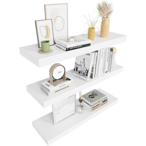 Size 24 inch Color White Colima Floating Shelves for Wall White Wood Wall Shelf for Bedroom, 24 Inch Wall Mounted Floating Shelves for Bathroom Living Room Kitchen Office, 1.3 Thick Floating Book Shelves for Wall, Set of 3