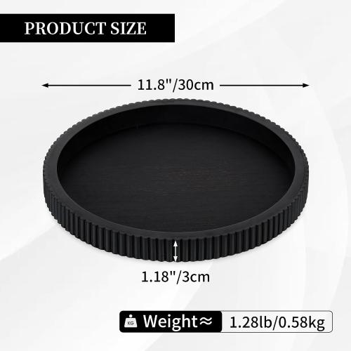 Hanobe Black Decorative Coffee Table Tray, Scalloped Edge | 12 round wood centerpiece tray, ideal for living room, entryway table, kitchen island, fits modern decor.