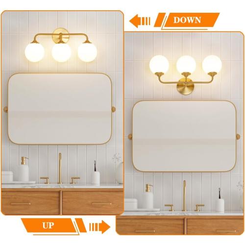 Modern Brushed Gold 3-Lights Vanity Light Fixtures with Milky White Glass Ball Shades, Mid Century Brass Wall Sconce Lighting Fixtures over Mirror, Wall Sconces for Bathroom Dressing Table Bedroom
