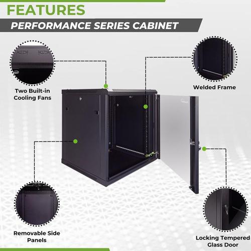 NavePoint 12U Server Cabinet Wall Mount Rack Enclosure Includes 2 Fans, Locking Glass Door, Removable Side Panels – 12U Network Cabinet 23.6” Deep, 19 Inch Server Rack for IT and A/V Equipment