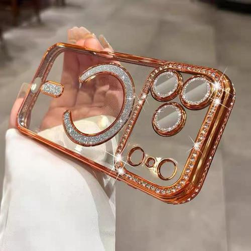 QSIETSPY Magnetic Case for iPhone 17 Pro Max 6.9[Compatible with MagSafe] with Sparkle Diamond Camera Protection Shockproof Clear Cute Glitter Bling Phone Case for iPhone 17 ProMax,Orange