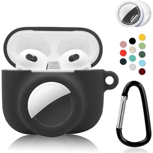 2 in 1 Protective Case Combo Set Compatible for Apple AirPods 3(2021) AirTag, GPS Tracker Holder with 2 PCS TPU Screen Protector&Keychain, Soft Silicone Anti-Lost Anti-Scratch Skin Cover(Black)