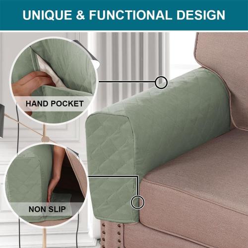 Turquoize 2 Pack Waterproof Armrest Covers for Chairs and Sofas - Couch Arm Covers with Side Pocket Anti-Slip Furniture Protector Washable Slipcovers Set of 2, Sage