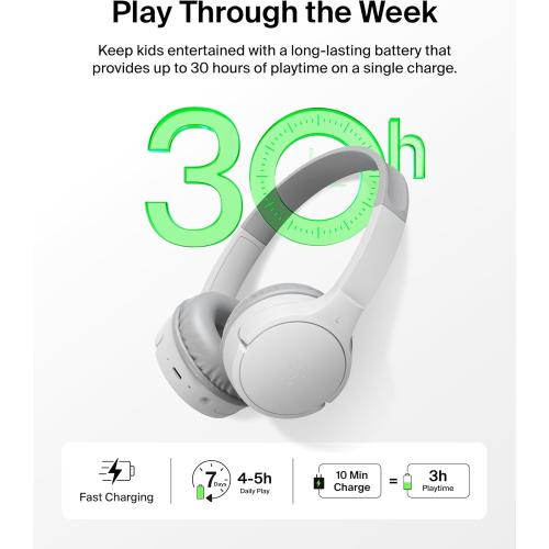 Belkin SoundForm Mini Kids Wireless Headphones w/Built-in Microphone, 30H of Playback Time, Fun Stickers, & Case - Over-Ear Headsets for Online Learning, School, iPhone, iPad, Galaxy, & More - White