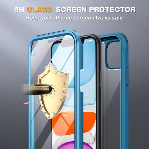 Miracase Glass Series for iPhone 11 Case 6.1 inch, Upgraded Full-Body Rugged Phone Bumper Case Cover with Built-in 9H Tempered Glass Screen Protector and Camera Protector, Light Blue