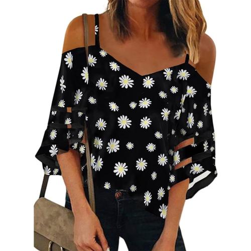 Size Medium Color Black Women Casual Floral Off Shoulder Suspenders Chiffon Shirt Loose Cute 3/4 Bell Sleeve V Neck Blouses Tee Tops