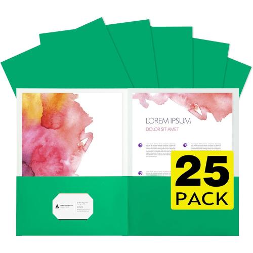 25Pcs Green Folders with Pockets,2 Pocket Folders Bulk,Holds 100 Sheets (50 per Pocket),Assorted Colors,Office Or School