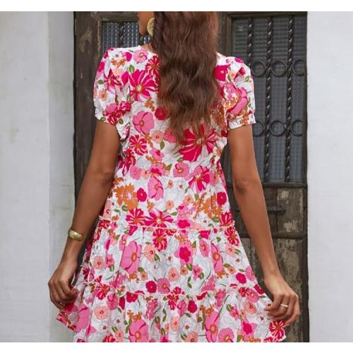 Size L Fashionable Versatile Dress for Women's V-Neck Pullover Floral Short Skirt Women