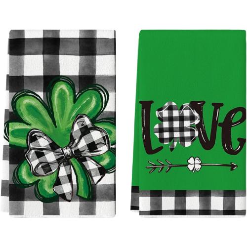 Artoid Mode Buffalo Plaid Shamrocks Love St. Patrick's Day Kitchen Towels Dish Towels, 18x26 Inch Seasonal Spring Decoration Hand Towels Set of 2