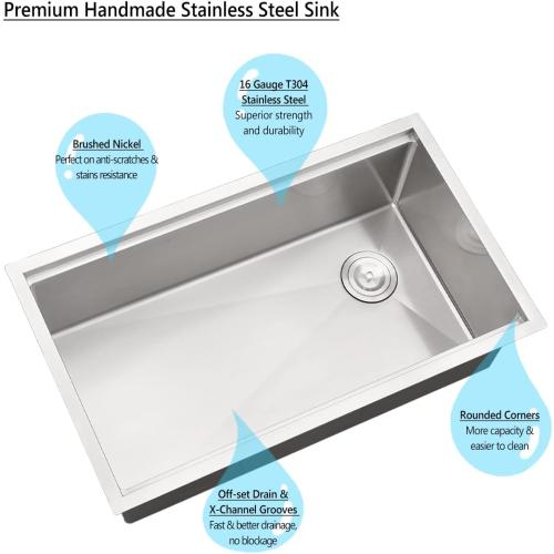 33 Inch Undermount Kitchen Sink, 33x19 Single Bowl Workstation 16 Gauge Stainless Steel Undermount Kitchen Sink with Offset Drain