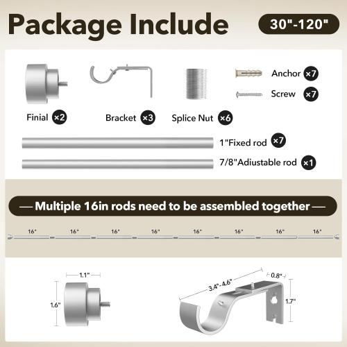 Heavy Duty Curtain Rods for Windows 66 to 120 Inch, 1 Inch Silver Window Curtain Rod for Bedroom, Living Room, Outdoor, Adjustable Easy Install Long Modern Curtain Rods(A1,Silver,30-120)