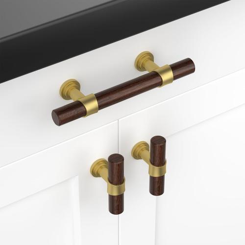 homdiy 10 Pack Gold Cabinet Handles 3 Inch Hole Centers Walnut Wood Grain Metal Drawer Pulls for Dresser Cupboard
