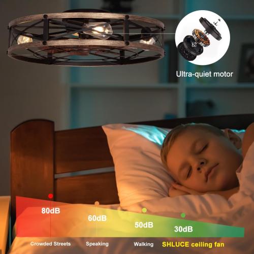 24 Farmhouse Flush Mount Ceiling Fans with Lights, Caged Low Profile Enclosed Ceiling Fans with Lights and Remote, Rustic Large Bladeless Ceiling Fan with Light for Bedroom, Kitchen - ETL