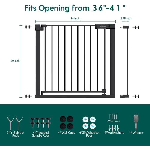 Babelio Baby Gate for Doorways and Stairs, 36-41 Pet Gate with Wide Walk Thru Door and Lock Indicator, No Drill Pressure Mounted Safety Gate with Double Lock and Self-Closing, Black