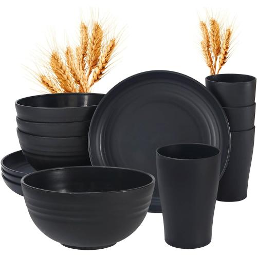 12pcs Kids Wheat Straw Dinnerware Sets, Wheat Straw Plates and Bowls Set for 4 Microwave Safe (Black)