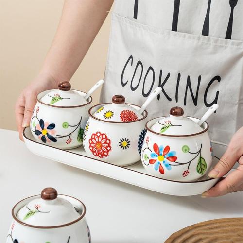 Set of 2 and Ceramic Condiment Jars with Lid Spoon and Tray, Modern Elegant Spice Container Sugar Bowl Seasoning Jars for Home and Kitchen Counter (Red)