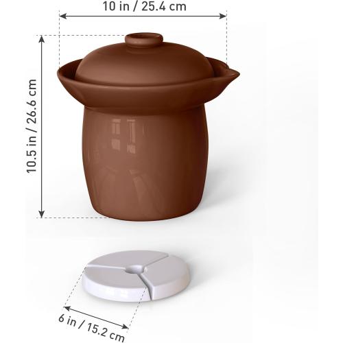 Fermentation Crock Jar Fermenting Crock with Glazed Weights- Onggi Kimchi Pot for Fermenting Delicious Kimchi, Kombucha & Pickles - Stoneware Sauerkraut Crock Pickling Fermenter (4L BROWN)