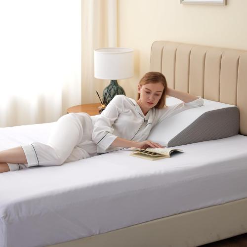 Leg Pillow, 8inch Leg Elevating Pillow for After Surgery, Blood Circulation, Leg Wedge Pillow for Side Sleeping, Leg Rest for Swelling, Cooling Gel Memory Foam Top, White/Grey