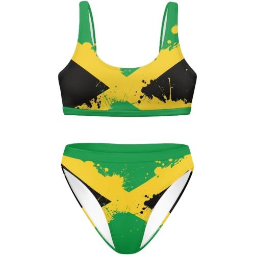 Size L ELEQIN Women Printed Two Pieces High Waisted Cheeky Bikini Sets Low Scoop Crop Swimsuit