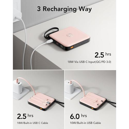 VRURC Mini Portable Charger, 22.5W USB C Fast Charging 10000mAh Pocket Power Bank with Built-in Cable, Battery Pack for iPhone 16 15 14 13 Samsung Galaxy S23 S22 Google Android, Pink(1 Pack)