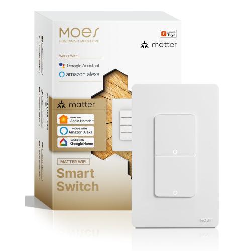White MOES Smart Double Light Switches, Matter-WiFi 2 Gang Single Pole Switch, Netural Wire Required, 2.4GHz Switch Combo Compatible with Alexa Google Assistant, Remote Control