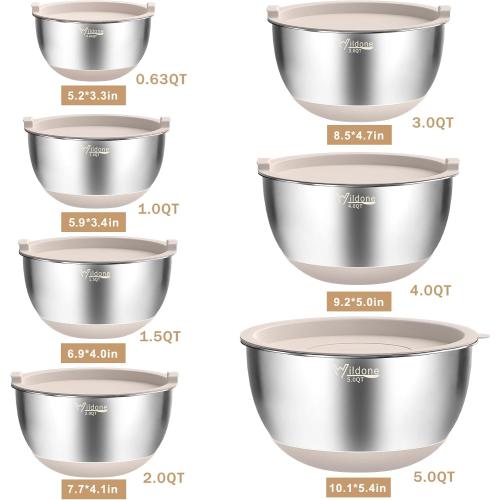 Wildone Mixing Bowls with Airtight Lids, 27 PCS Stainless Steel Nesting Bowls, with 3 Grater Attachments, Scale Mark & Non-Slip Bottom, Size 5, 4, 3, 2, 1.5, 1, 0.63QT, Ideal for Mixing & Prepping