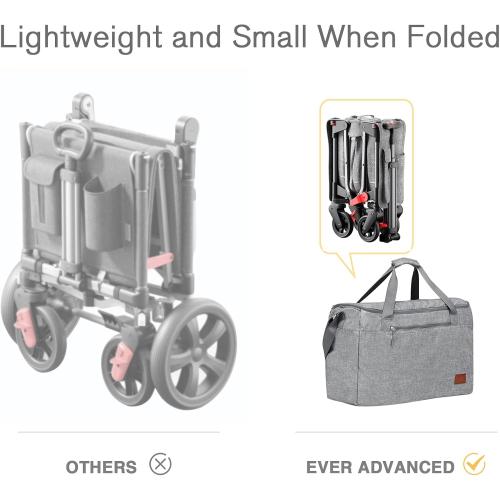 EVER ADVANCED Lightweight Foldable Travel Wagon Stroller for 2 Kids - Carry-on Airplane Size with Travel Bag - All-Terrain Wheels, 5-Point Harness - Portable Kids & Cargo Wagon for Zoo & Park