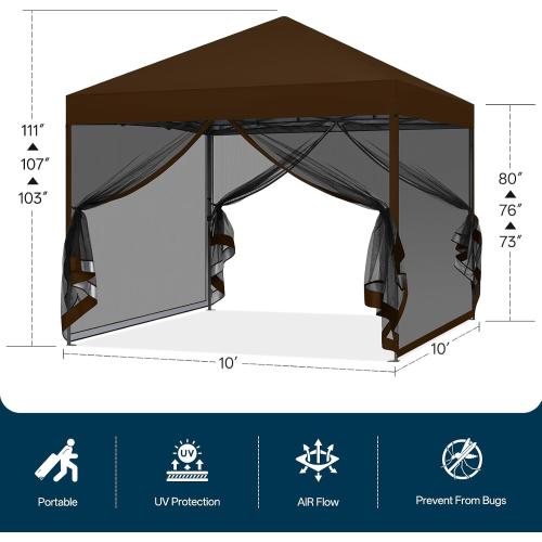 MASTERCANOPY 10x10 Pop Up Canopy Tent with Netting Walls Brown | Silver‑coated Waterproof UV‑blocking with Bug‑proof Mesh and Straight Legs for Parties, Picnics, Camping