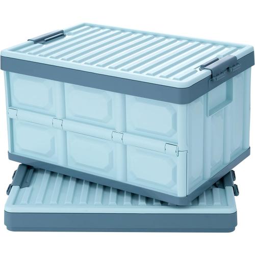 Blue Folding Plastic Stackable Utility Crates 2-Pack, Collapsible Storage Bins with Lids 30L, Durable Containers for Home & Garage Organization