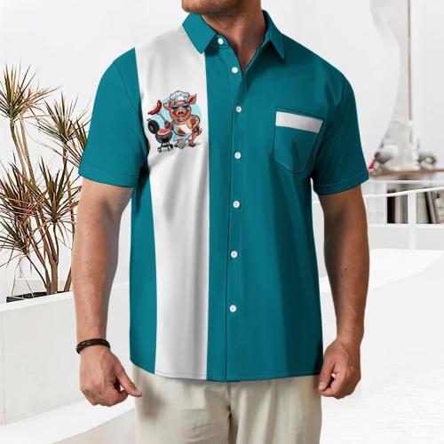 Men's Funny Hawaiian Shirts Pig BBQ Printed Short Sleeve Button-Up Bowling Shirt Regular Fit Casual Aloha Beach Tops