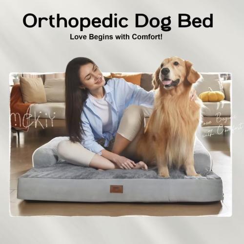 GREY Large Dog Bed Orthopedic Washable, Big Large XXXLarge Dogs, Orthopedic Grey Extra Dog Bed with Waterproof Cover and Removable Egg Foam, Couch Bed Bolster