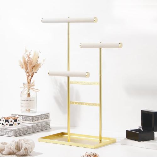 Coward 3 Tier Necklace Bracelet Earring Holder Stand, Jewelry Display Organizer with Tray, Velvet T-Bar Necklace Organizer Stand, Multi-use Metal Jewelry Holder Rack for Men Women (Gold)