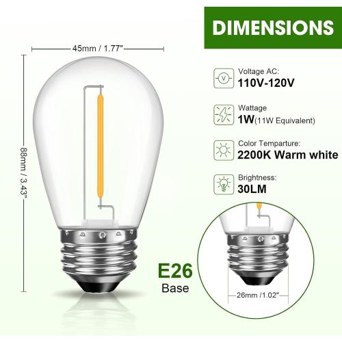 GvvooHome LED S14 Replacement Light Bulbs for Outdoor String Lights, 1W Shatterproof Edison Light Bulbs for Outside Patio Garden, E26 Standard Base, Dimmable, 2200K Warm White, 15 Pack