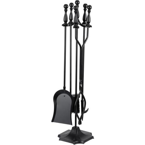 5 Pieces Fireplace Tools Sets Indoor Outdoor Wrought Iron Large Fire Place Set Tools, Fire Pit Tools with Poker Shovel Tongs Brush and Stand, Black