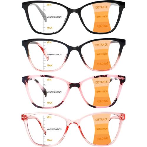 4 Pack Progressive Multifocus Reading Glasses for Women Men Blue Light Blocking Readers with Spring Hinge