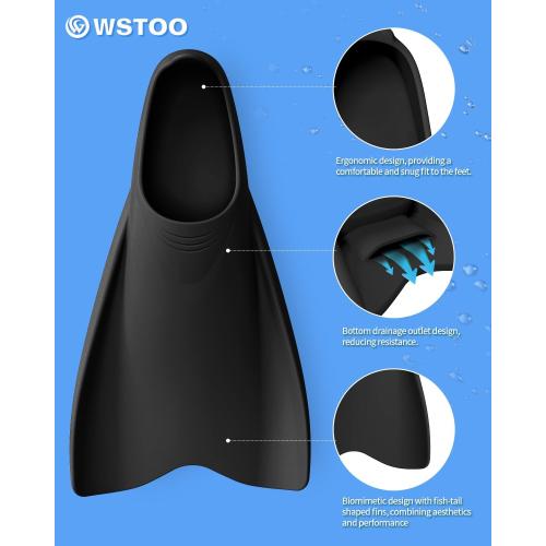 WSTOO Size 6.5-8 Streamlined Training Short Fins - Silicone Swim Flippers for Adults and Youth (Men & Women), Ideal for Swimming, Snorkeling, and Diving