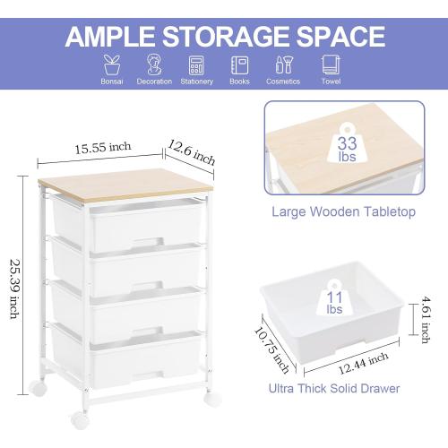 Utility Cart with 4 Drawers, Multipurpose Rolling Storage Cart with 4 Drawers and 2 Lockable Wheels, 4-Tier Rolling Storage Cart Organizer for Home Office Dorm, Bright White