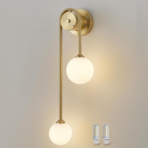 Golden Wall lamp Double Ball, mid-Century Modern Glass Wall sconces,with G9 Tricolor Bulb for Living Room Bedroom Bedside Stairs Restaurant Bathroom Corridor Aisle Lighting