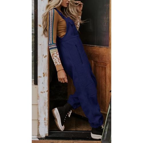 VECVOC Women's Winter Fleece Warm Overalls Casual Adjustable Strap Sleeveless Loose Jumpsuits with Pockets,Blue,S