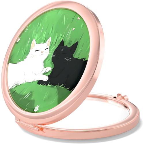 Nipichsha Compact Mirror, Pocket Travel Makeup Mirror, 2 - Sided 2X / 1X Magnification, Small Folding Portable Handheld, 2.75 in Rose Gold, Happy Cats