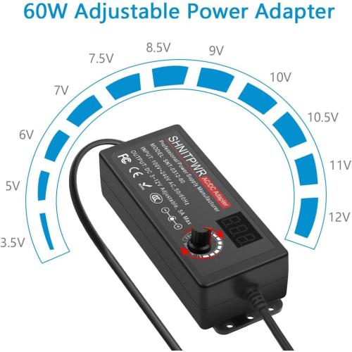 SHNITPWR 60W Universal Power Supply DC 3V 4V 4.5V 5V 6V 7V 7.5V 8V 9V 10V 11V 12V Adjustable Variable Power Adapter 100V-240V AC to DC Converter 1A 2A 2.5A 3A 4A 5A with 14 Tips & Polarity Converter